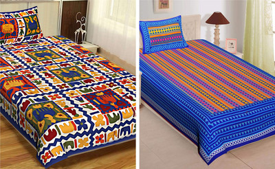 UNIQCHOICE 120 TC Cotton Single Jaipuri Prints Flat Bedsheet(Pack of 2, Multicolor)