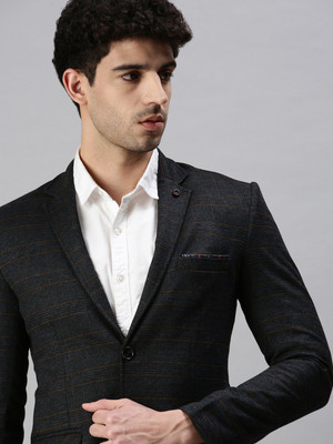 SHOWOFFFF Checkered Single Breasted Casual Men Blazer(Black)