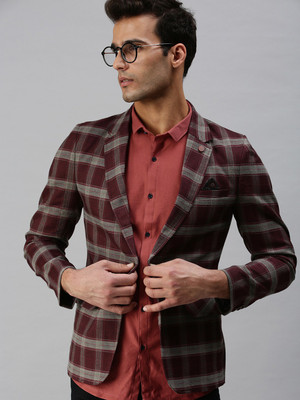 SHOWOFFFF Checkered Single Breasted Casual Men Blazer(Brown)