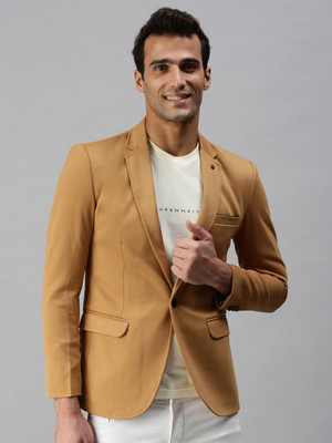 SHOWOFFFF Solid Single Breasted Casual Men Blazer(Brown)
