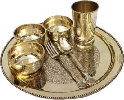 Brass Globe Pack of 7 Brass Etching dinner set set of 7- 12 inch Dinner Set(Gold, Microwave Safe)