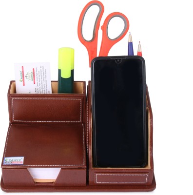 RASPER 4 Compartments Genuine Leather Pen Stand Multipurpose Desk Organizer With Memo Pad Holder & Mobile Stand For Office Desk Table Top Stand Card Holder Accessories Organizer(Brown (Tan))