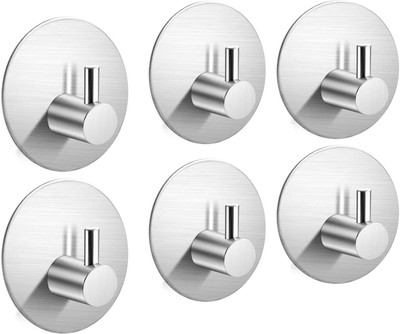 JIALTO Adhesive Hook Heavy Duty Waterproof Stainless Steel Bathroom Wall Hook - 6 Pcs Hook 6(Pack of 6)