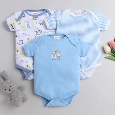POOJA BABY Romper For Baby Boys & Baby Girls Printed Cotton Blend(Light Blue, Pack of 2)