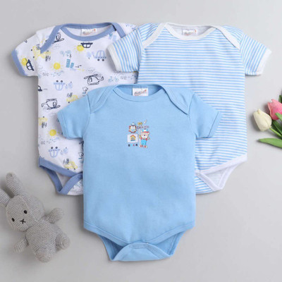 POOJA BABY Romper For Baby Boys & Baby Girls Printed Cotton Blend(Light Blue, Pack of 3)