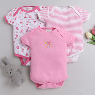 POOJA BABY Romper For Baby Boys & Baby Girls Printed Cotton Blend(Pink, Pack of 2)