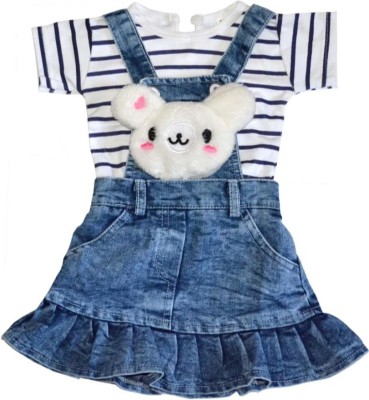 Evergreen Dungaree For Baby Girls Casual Striped Denim(Blue, Pack of 1)