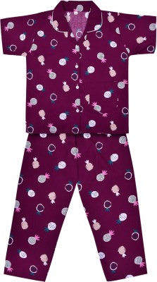 Wishkaro Kids Nightwear Girls Printed Cotton Blend(Maroon Pack of 1)