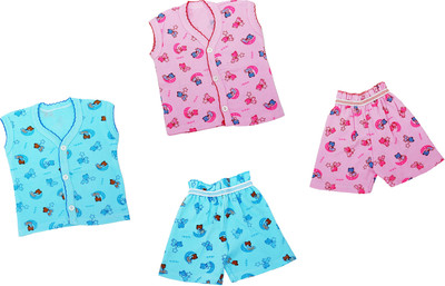 Yuneek Kids Nightwear Baby Boys & Baby Girls Printed Cotton Blend(Multicolor Pack of 2)