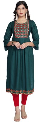 mony clothing co Women Embroidered Flared Kurta(Dark Green)