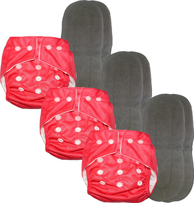 Smiling Cart 3pc Cloth Diapers and 6pc Wet-Free Insert,Reusable,( set of 9, Red )