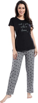 AERINOR Women Printed Black Top & Pyjama Set