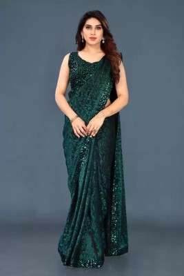 V AMAN FASHION Embellished Bollywood Lycra Blend Saree(Dark Green)