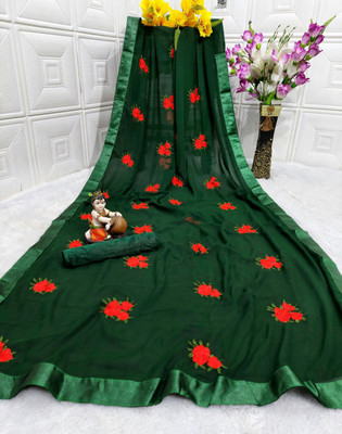 JSItaliya Embroidered Bollywood Georgette Saree(Dark Green)