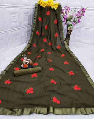 RE Renny Enterprise Embroidered Bollywood Georgette Saree(Dark Green)