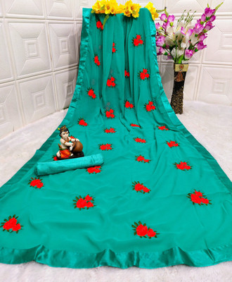 JSItaliya Embroidered Bollywood Georgette Saree(Dark Green)