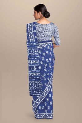 NIKHILAM Printed Daily Wear Pure Cotton Saree(Dark Blue)