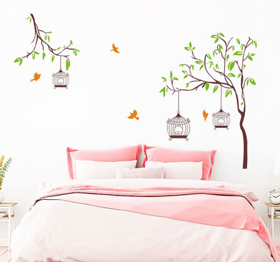 Sticker Fantasy 140 cm Green Tree with Birds and Cages Self Adhesive Sticker(Pack of 1)
