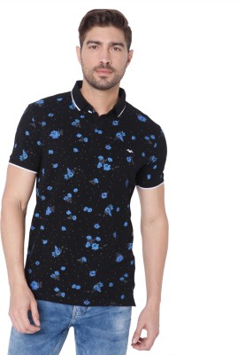 MUFTI Floral Print Men Polo Neck Black T-Shirt