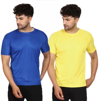 SMAN Solid Men Round Neck Blue, Yellow T-Shirt