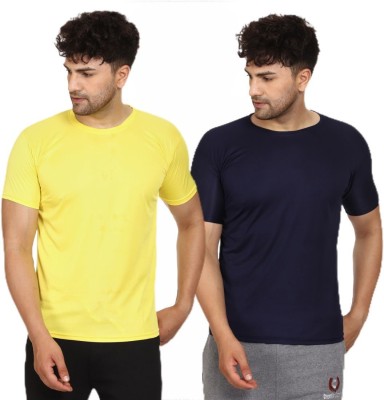 SMAN Solid Men Round Neck Blue, Yellow T-Shirt