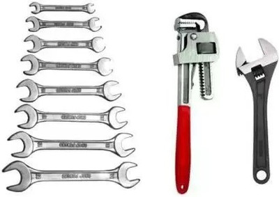 JMD Tools Spanner Set of 8 Pcs With 8 INCH ADJUSTABLE 10 INCH PIPE WRENCH Spanner Set of 8 Pcs With Rack (6x7,8x9,10x11,12x13,14x15,16x17,18x19,20x22 ) Double Sided Box End Wrench(Pack of 10)