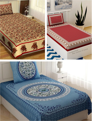Rangun 120 TC Cotton Single Printed Flat Bedsheet(Pack of 3, Multicolor)