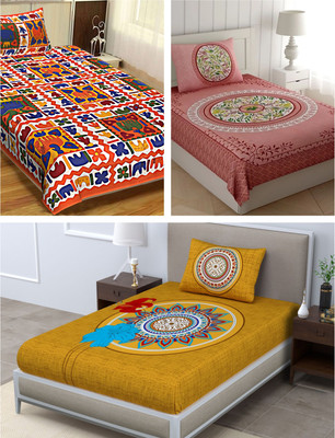 UNIQCHOICE 120 TC Cotton Single Jaipuri Prints Flat Bedsheet(Pack of 3, Multicolor)