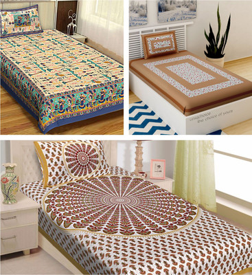 UNIQCHOICE 120 TC Cotton Single Jaipuri Prints Flat Bedsheet(Pack of 3, Multicolor)