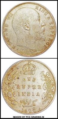 the coins INDIA BRITISH EDWARD VII ONE RUPEE 1906 (B) P C G GRADING Medieval Coin Collection(1 Coins)