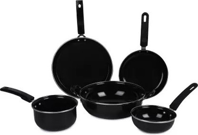 Maharajee Black Painted Induction Bottom Non-Stick Coated Cookware Set(Aluminium, 5 - Piece)