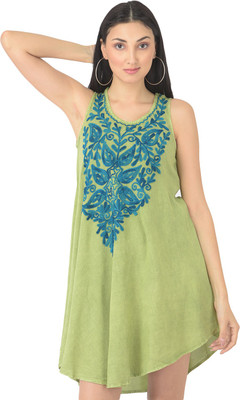Veldress Women Asymmetric Green Knee Length Dress