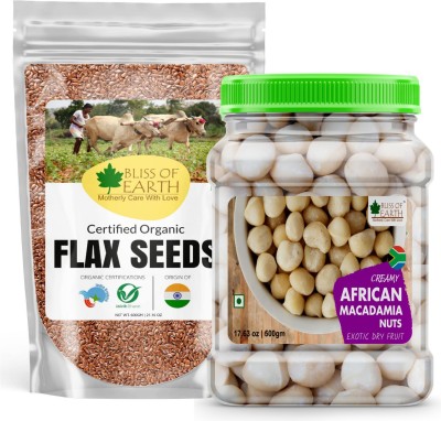 Bliss of Earth Combo Of Healthy Macadamia Nuts (500GM), Super Nut For Bone And Gut Health And Organic Raw Flax Seeds (600gm) for Eating and Weight Loss, Rich in Omega Pack Of 2 Combo(500 gm, 600 gm)