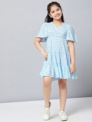 Stylo Bug Indi Girls Midi/Knee Length Casual Dress(Blue, Half Sleeve)