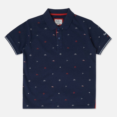 Pepe Jeans Boys Printed Pure Cotton Regular T Shirt(Blue, Pack of 1)