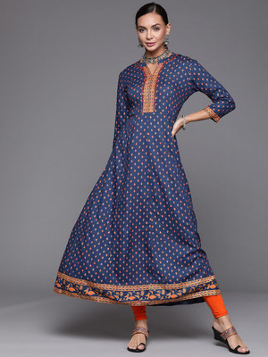 Indo Era Women Printed A-line Kurta(Blue)