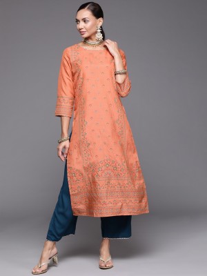 Indo Era Women Printed Straight Kurta(Orange)