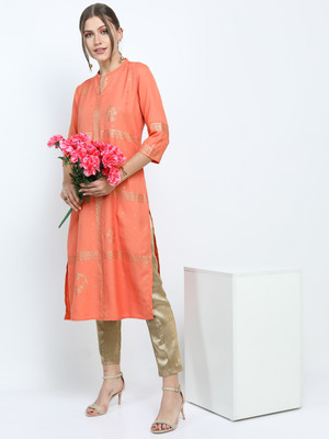 Vishudh Women Printed Straight Kurta(Orange)