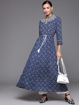 Indo Era Women Embroidered A-line Kurta(Dark Blue, White)