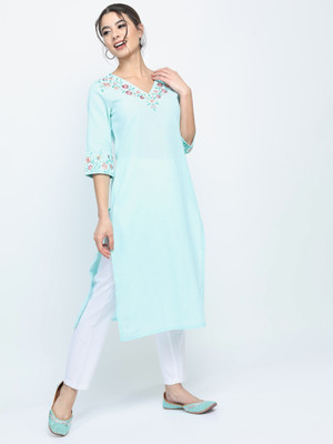 Vishudh Women Solid Straight Kurta(Light Green)