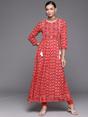 Indo Era Women Printed A-line Kurta(Red)