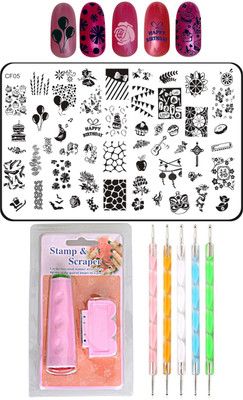 Royalkart Nail Art Stamping Kit Jumbo Image Plate With Double-Sided Stamper, Scraper & 5pcs Double-Sided Dotting Tool(CF05)(multi color)