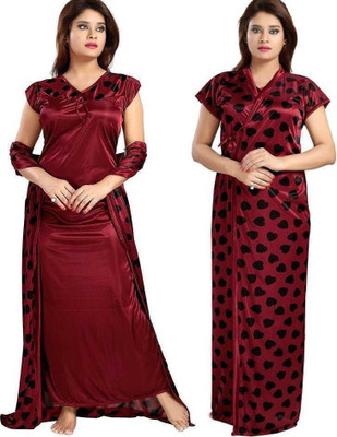 UWNAQA Women Nighty with Robe(Maroon)