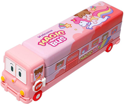 KOBBET 1 pcs Bus Shape Geometry Box(2 Compartment)Pencil Case with Sharpener Pencil Box Cartoon Art Metal Pencil Box(Set of 1, Pink)