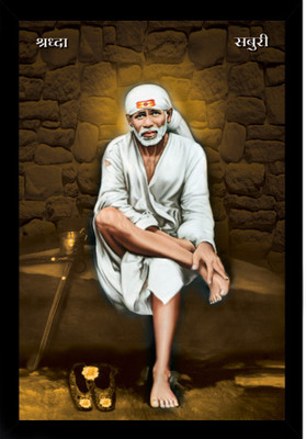 Sai Baba Painting Vinyl Sparkle Coated Home Decorative Gift Item with Synthetic Frame (14 × 20 Inch) Fine Art Print(20 inch X 14 inch)