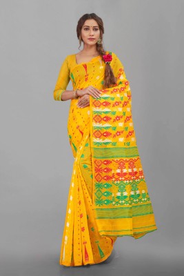 CHOICEIT Woven, Embellished Jamdani Jacquard, Cotton Silk Saree(Yellow)