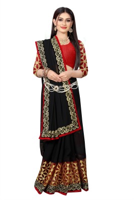 NIXYO Embroidered Bollywood Silk Blend, Georgette Saree(Black)