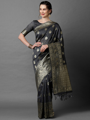 Ratnavati Floral Print Banarasi Cotton Blend Saree(Grey)