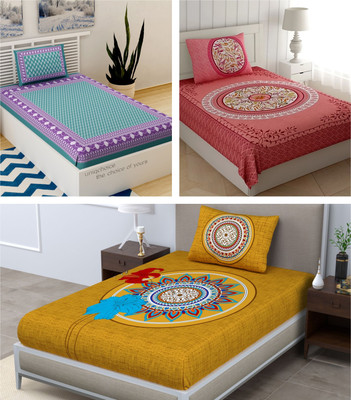 UNIQCHOICE 120 TC Cotton Single Jaipuri Prints Flat Bedsheet(Pack of 3, Multicolor)