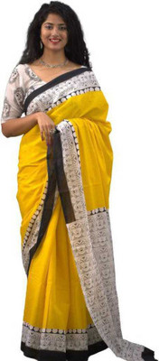 JAIPURI BLOCK PRINT Blocked Printed, Color Block, Dyed, Floral Print, Printed Daily Wear Pure Cotton Saree(Yellow)